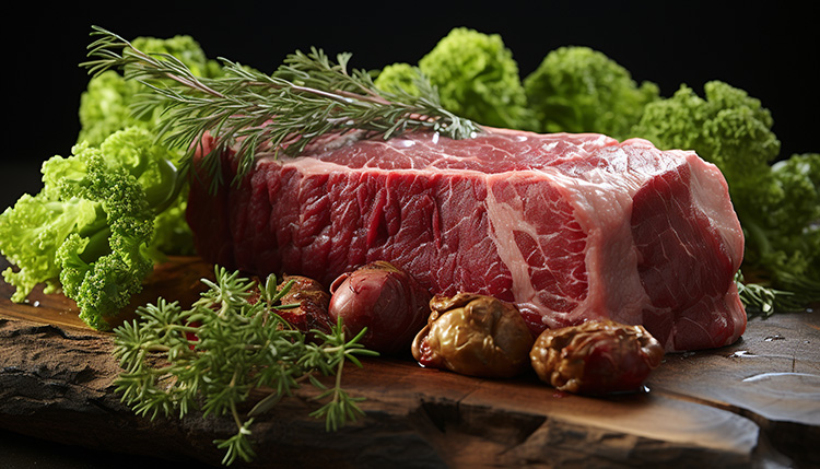 ein rohes Steak auf einem Holzbrett mit Salatgarnitur